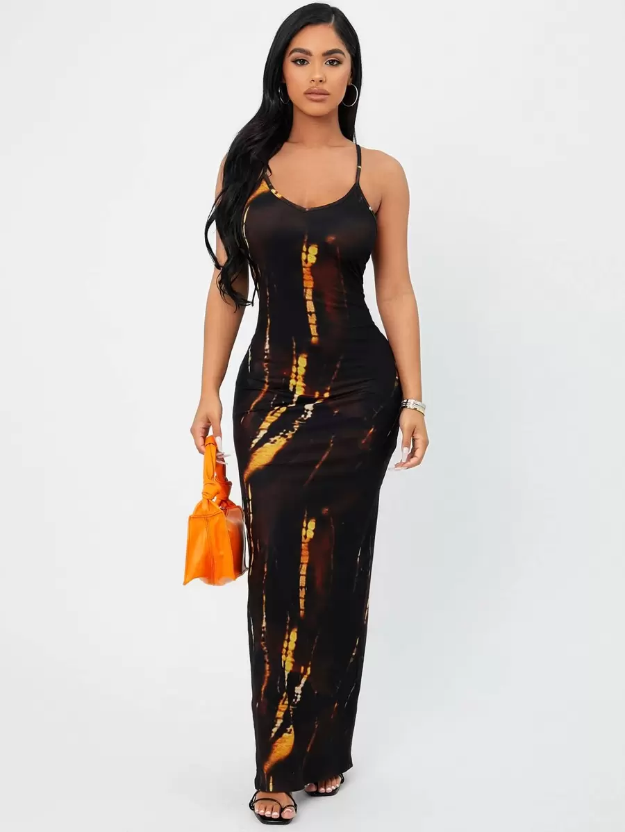 SHEIN SXY 紮染下擺開叉吊帶連衣裙 - 彩色 - 查看 1