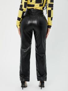 SHEIN SXY 高腰闊腿PU皮革長褲 - 黑色 - 查看 2