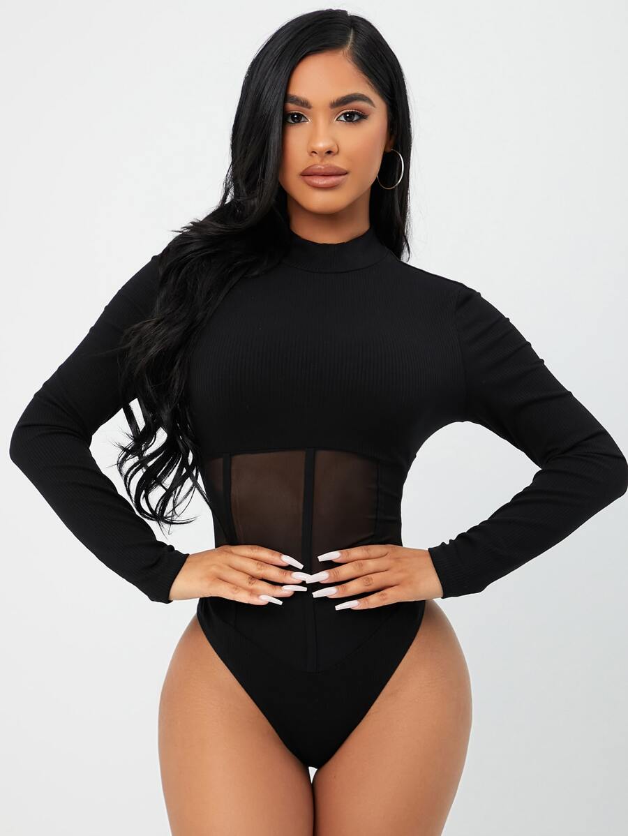 SHEIN SXY Mock Neck Mesh Panel Bodysuit - Black - View 1