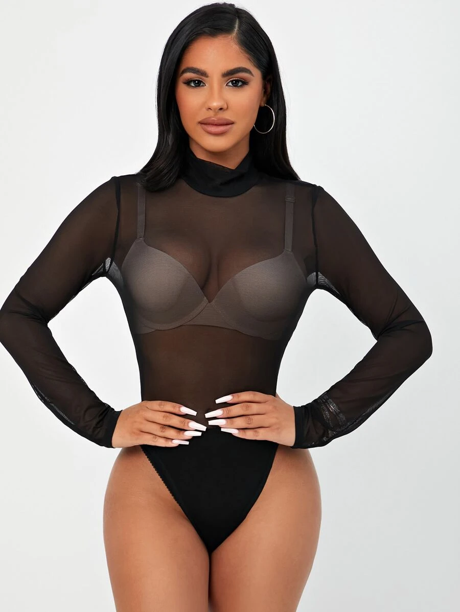 SHEIN SXY Mesh Panel See Through Bodysuit Without Bra - Black - View 1
