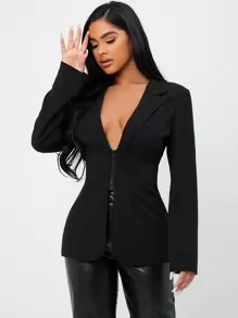 SHEIN SXY Corset Waist Zip Front Blazer - Black - View 1