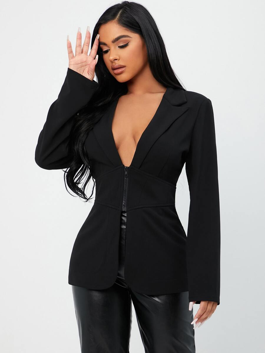 SHEIN SXY Corset Waist Zip Front Blazer - Black - View 1