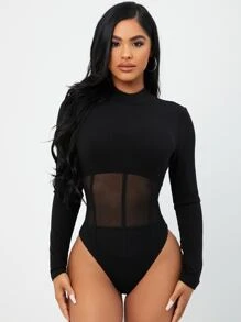 SHEIN SXY Mock Neck Mesh Panel Bodysuit - Black - View 3