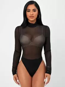 SHEIN SXY Mesh Panel See Through Bodysuit Without Bra - Black - View 3