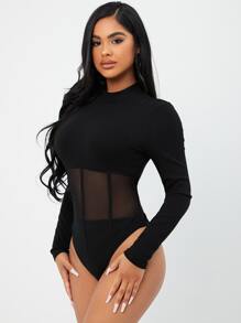 SHEIN SXY Mock Neck Mesh Panel Bodysuit - Black - View 4