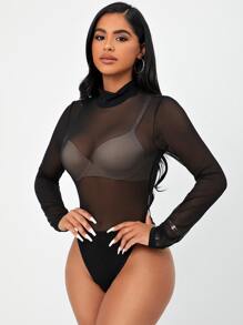 SHEIN SXY Mesh Panel See Through Bodysuit Without Bra - Black - View 4