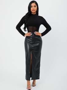 SHEIN SXY Mock Neck Mesh Panel Bodysuit - Black - View 5