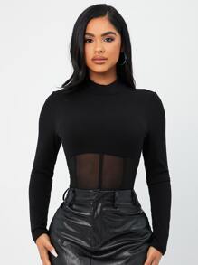 SHEIN SXY Mock Neck Mesh Panel Bodysuit - Black - View 6