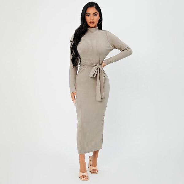 

Mock Neck Belted Dress, Grey
