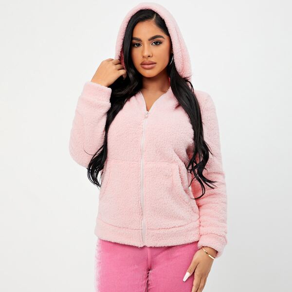 

Zip Up Hooded Flannel Jacket, Baby pink