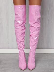 Pink Pointed Toe Thigh High Boots - Pink - View 4
