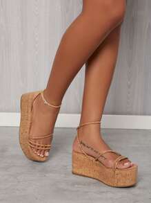 SHUZIA Open Toe Ankle Strap Flatform Sandals Mother's Day Present - Khaki - View 4