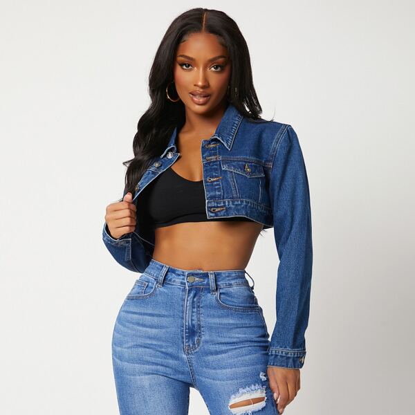 

Single Breasted Flap Pocket Denim Jacket, Dark wash