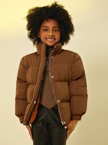 SHEIN Tween Girl Zip Up Snap Button Padded Coat - Mocha Brown - View 1