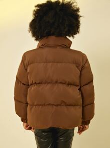 SHEIN Tween Girl Zip Up Snap Button Padded Coat - Mocha Brown - View 2