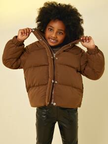 SHEIN Tween Girl Zip Up Snap Button Padded Coat - Mocha Brown - View 3
