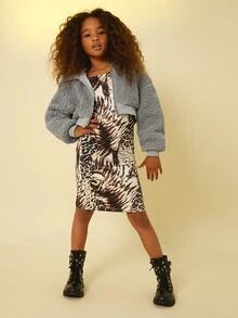 SHEIN Girls Zip Up Hooded Teddy Jacket - Grey - View 4