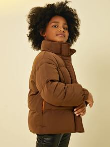 SHEIN Tween Girl Zip Up Snap Button Padded Coat - Mocha Brown - View 4