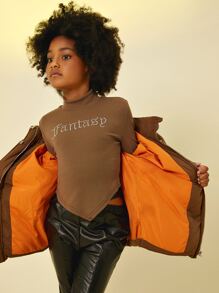 SHEIN Tween Girl Zip Up Snap Button Padded Coat - Mocha Brown - View 6