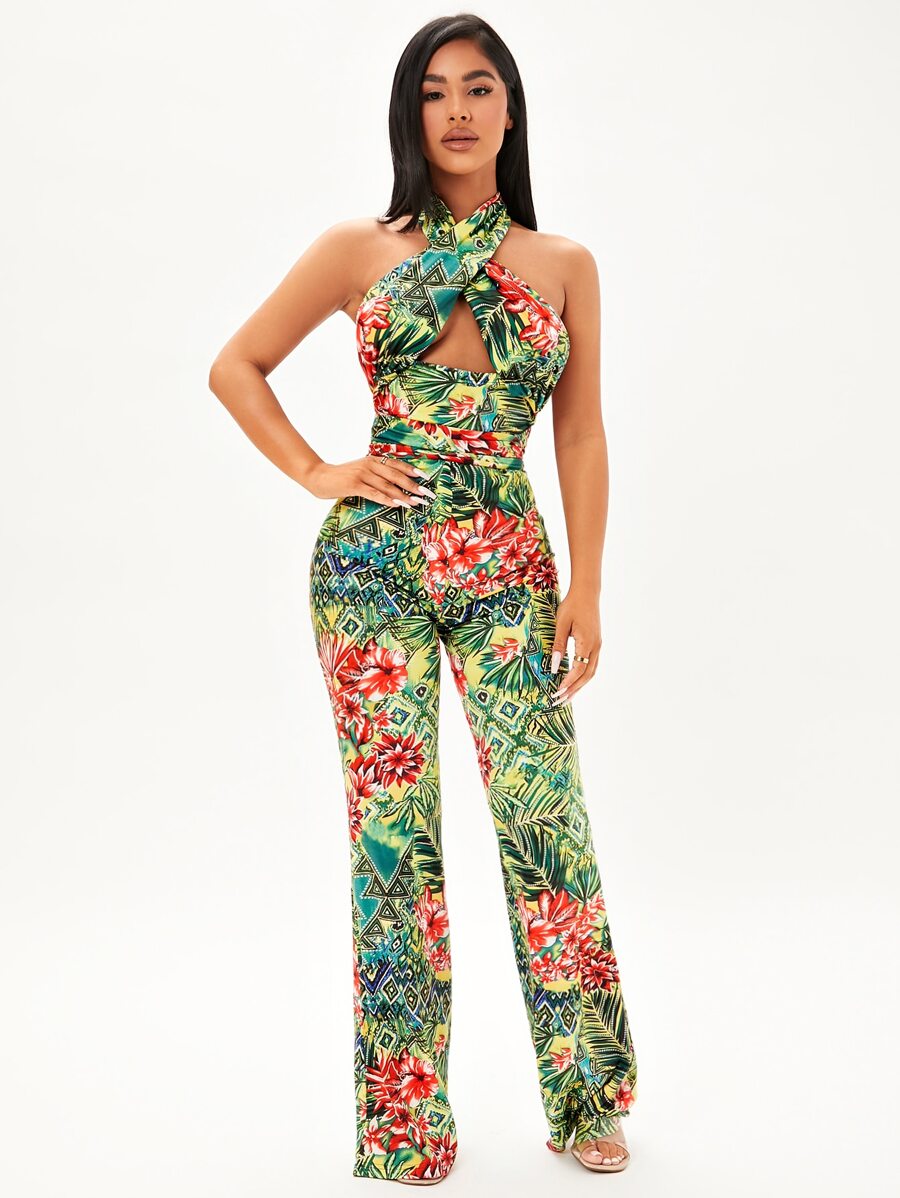 SHEIN SXY Áo liền quần nữ Hội Chữ thập Buộc lại Hoa Hình học Gợi cảm - Nhiều màu - Xem 1