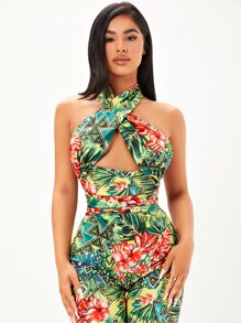 SHEIN SXY Áo liền quần nữ Hội Chữ thập Buộc lại Hoa Hình học Gợi cảm - Nhiều màu - Xem 5