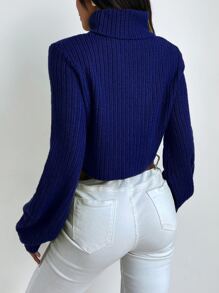 Chiquease Solid Turtleneck Bishop Sleeve Crop Sweater,Long Sleeve Tops Knit Pullover Fall Winter Outfit