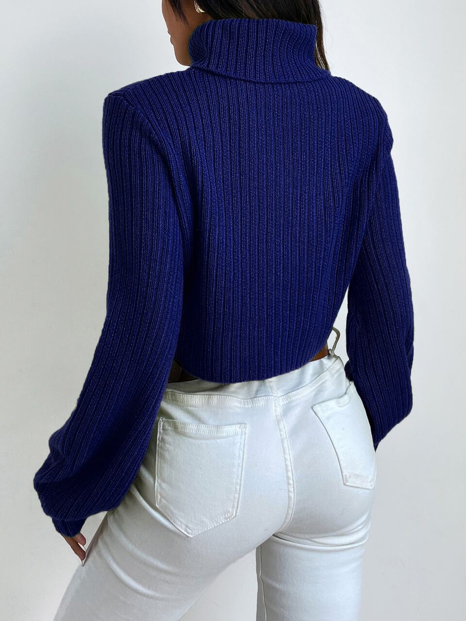 Solid Turtleneck Bishop Sleeve Crop Sweater,Long Sleeve Tops Knit Pullover Fall Winter