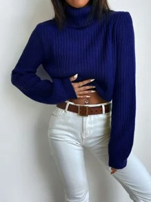 Chiquease Solid Turtleneck Bishop Sleeve Crop Sweater,Long Sleeve Tops Knit Pullover Fall Winter Outfit