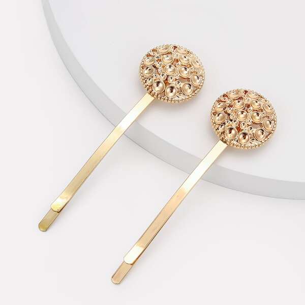 

2pcs Round Decor Hair Clip, Gold