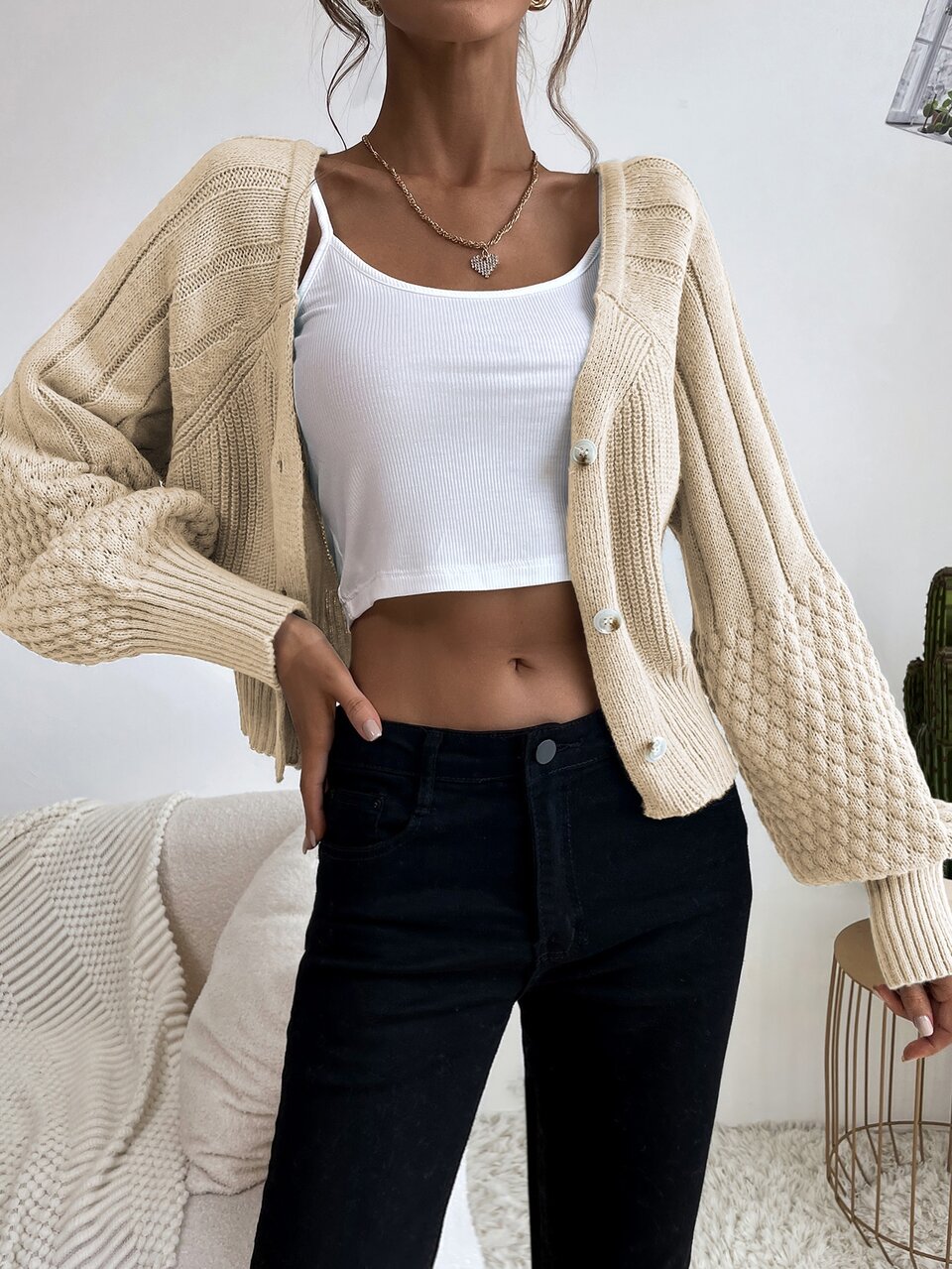 Single Breasted Lantern Sleeve Cardigan