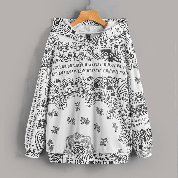 

Paisley Print Drop Shoulder Drawstring Hoodie, Black and white