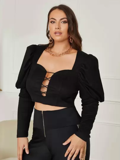 SHEIN Unity Plus Lace Up Detail Gigot Sleeve Crop Top