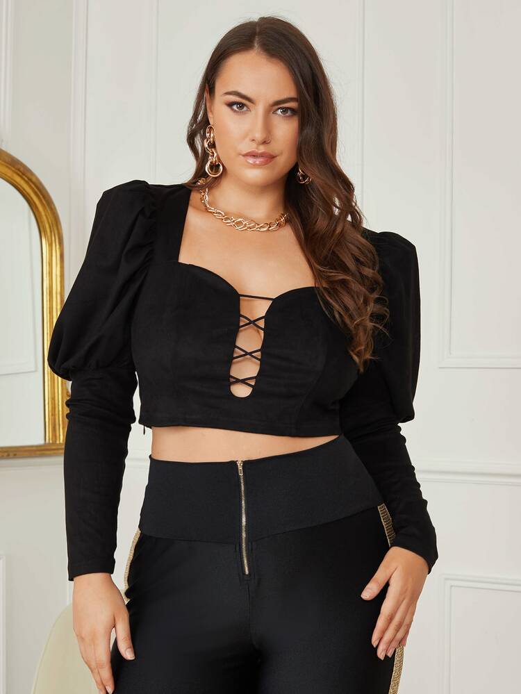 SHEIN Unity Plus Lace Up Detail Gigot Sleeve Crop Top - Black - View 4