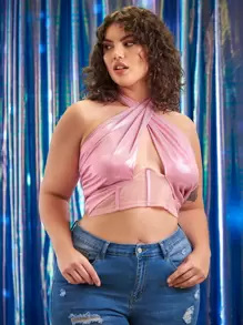 SHEIN Unity Plus Cross Wrap Cut-out Tie Back Crop Top - Baby Pink - View 1