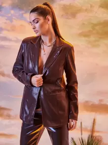 SHEIN BAE 單釦PU皮革西裝外套 - 巧克力棕 - 查看 1