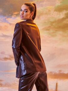 SHEIN BAE 單釦PU皮革西裝外套 - 巧克力棕 - 查看 2