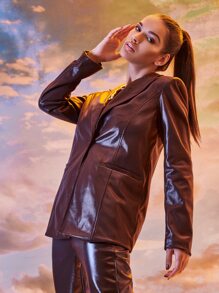 SHEIN BAE 單釦PU皮革西裝外套 - 巧克力棕 - 查看 3