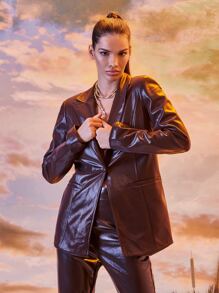 SHEIN BAE 單釦PU皮革西裝外套 - 巧克力棕 - 查看 4