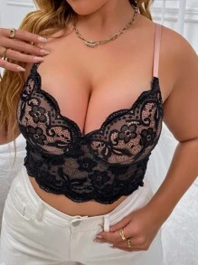 Plus Scallop Trim Lace Underwire Bra, Lingerie - Black - View 3