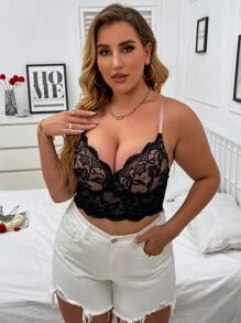 Plus Scallop Trim Lace Underwire Bra, Lingerie - Black - View 6