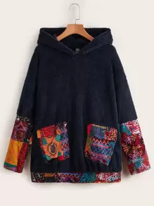 SHEIN 熱帶圖案絨毛連帽衫 - 藏蓝色 - 查看 1