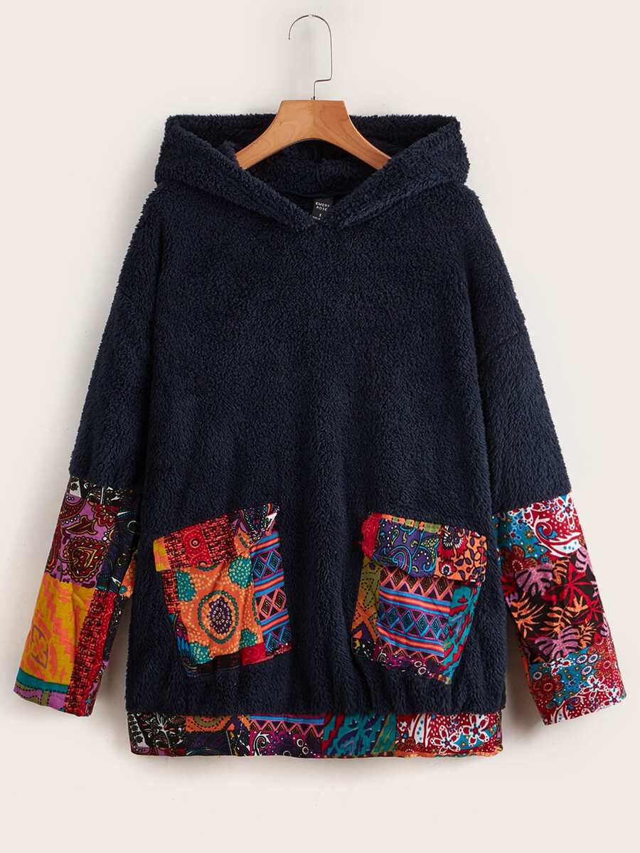 SHEIN 熱帶圖案絨毛連帽衫 - 藏蓝色 - 查看 1