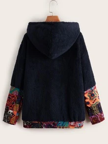 SHEIN 熱帶圖案絨毛連帽衫 - 藏蓝色 - 查看 2