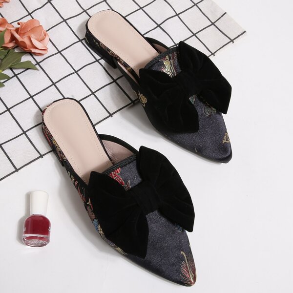 

Bow Decor Suede Flat Mules, Black