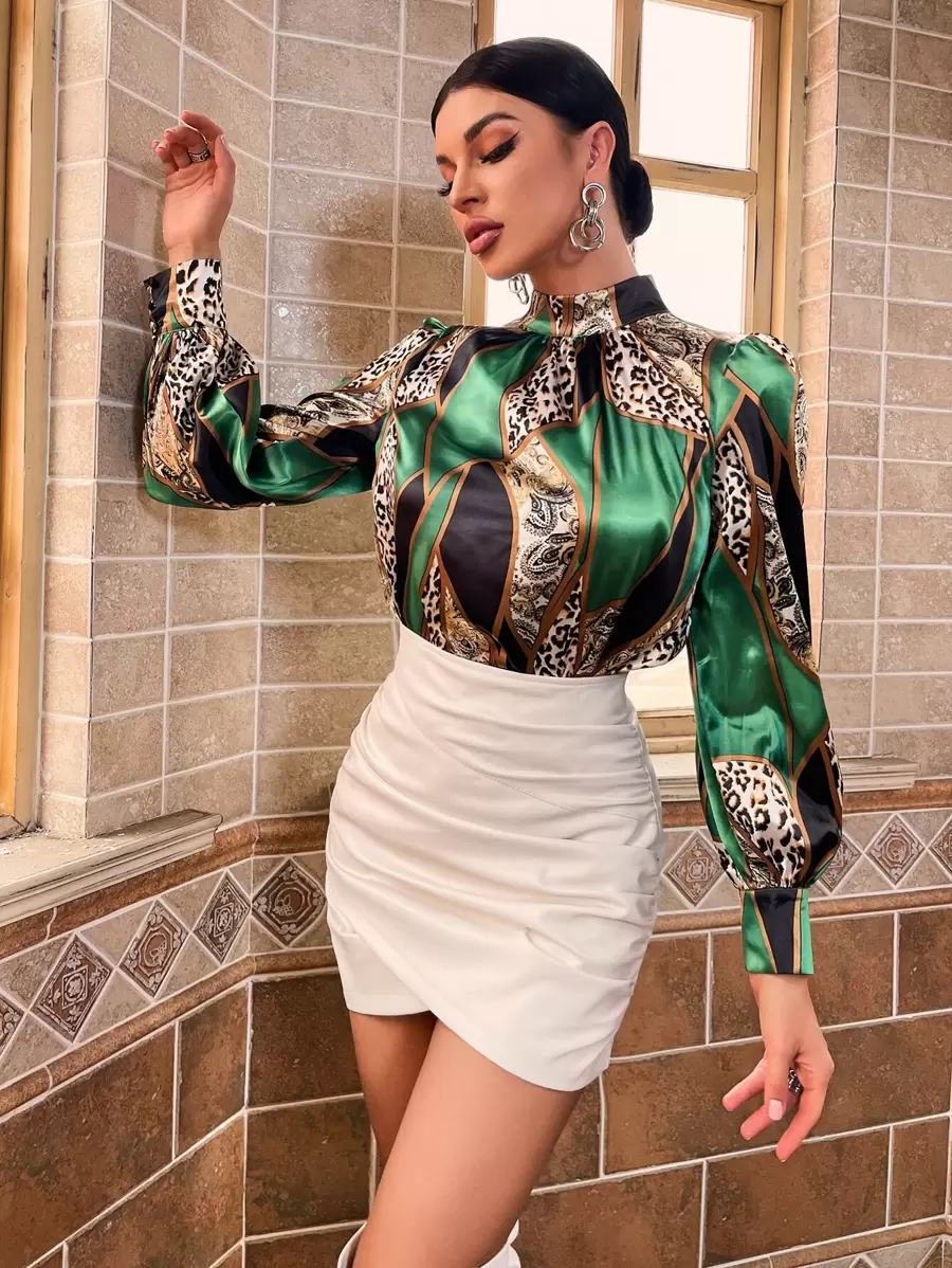 Aveloria Paisley & Leopard Print Mock Neck Blouse - Multicolor - View 1