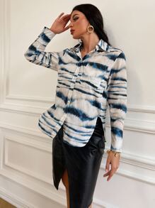 SHEIN Unity Tie Dye Pocket Patched Shirt - Blue and White - View 6