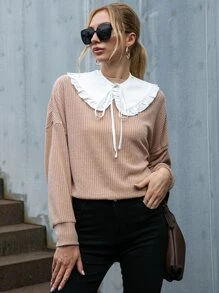 Pullover de cuello exagerado con cordón delantero de hombros caídos - Albaricoque - Ver 3