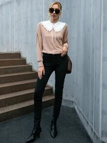 Pullover de cuello exagerado con cordón delantero de hombros caídos - Albaricoque - Ver 4