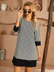 SHEIN Clasi Gingham Print Contrast Panel Dress - Black and White - View 1