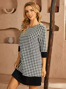 SHEIN Clasi Gingham Print Contrast Panel Dress - Black and White - View 3